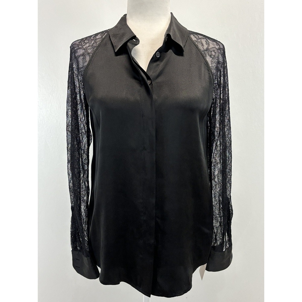 Women's Equipment Femme Quinn Silk Blouse Shirt Sz XS Black Lace Sleeves Goth